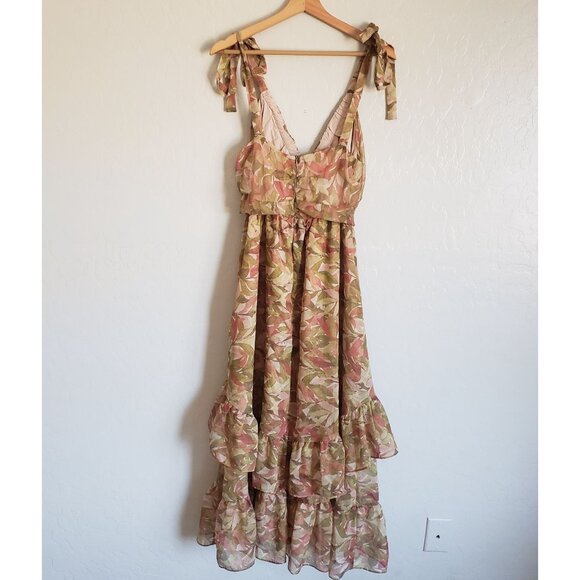 Storia Tiered Ruffled Midi Dress Warm Leaves Print Womens Large Fall Wedding NEW - Picture 9 of 12